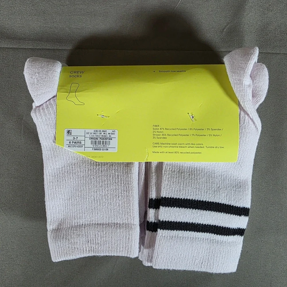 All in Motion Kids Crew Socks 6 Pack Light Pink Black Striped Size L 3-7 NEW